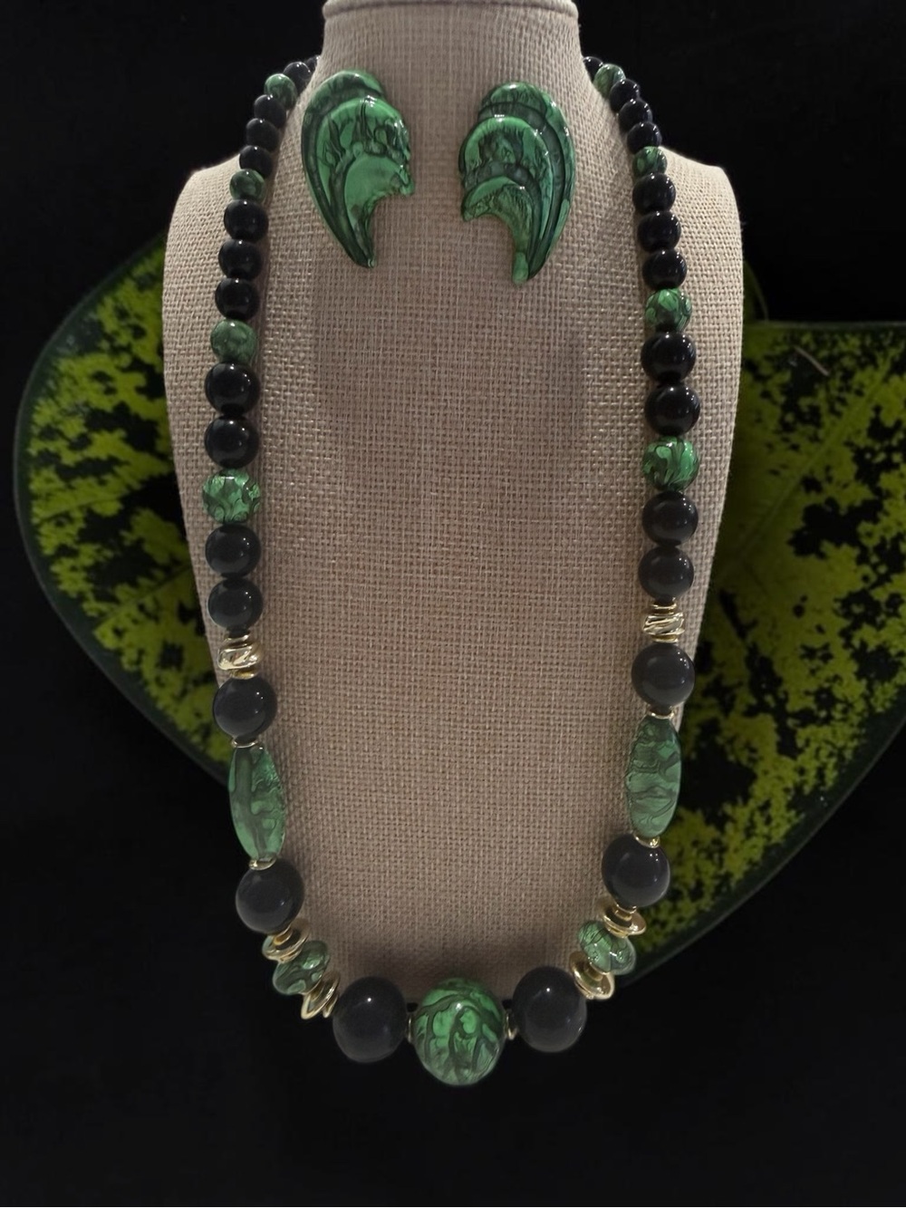 Green and Black Beaded Necklace with Matching Earrings